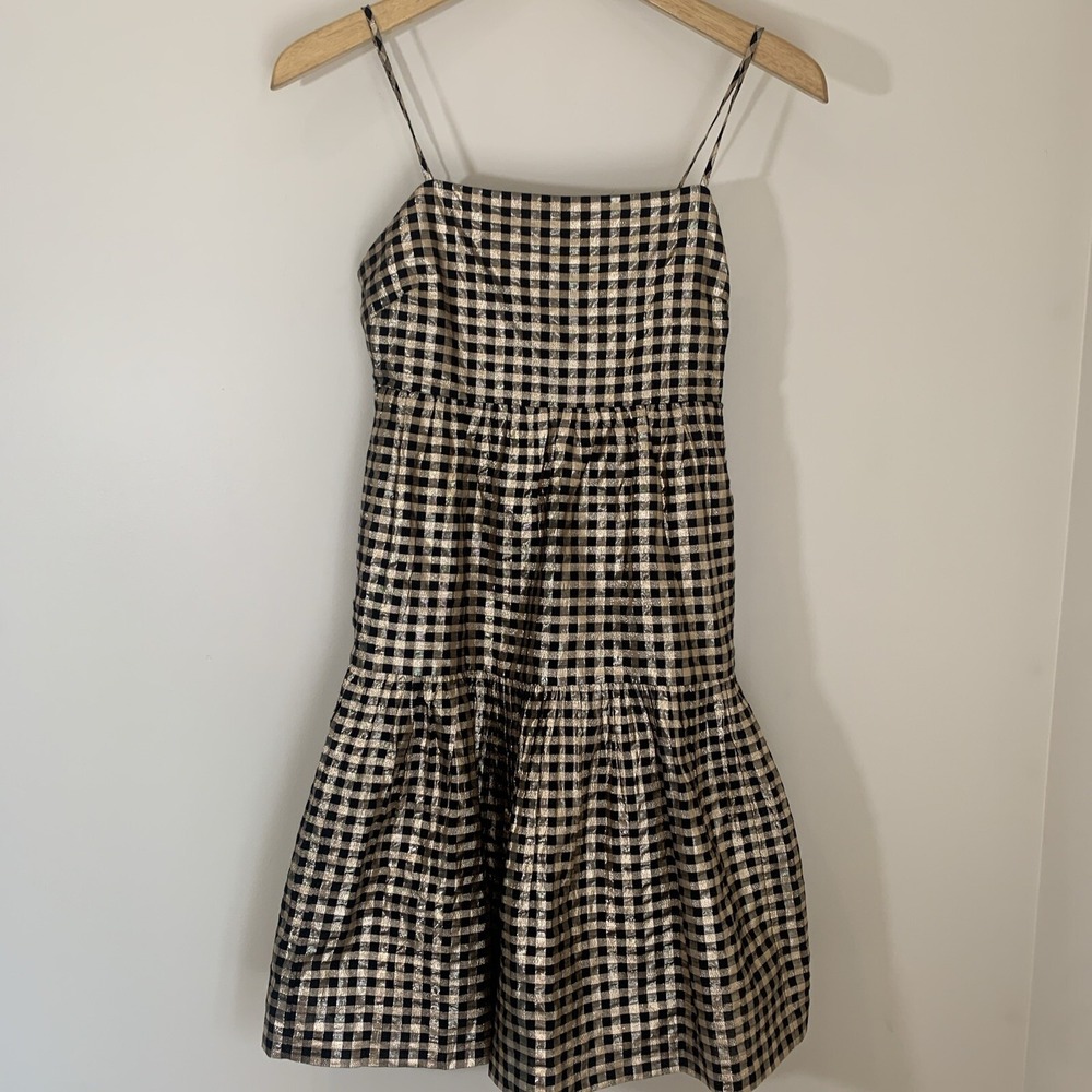 J Crew Womens Sundress Size 0 Black Gold Gingham Smocked Back Tiered Cocktail